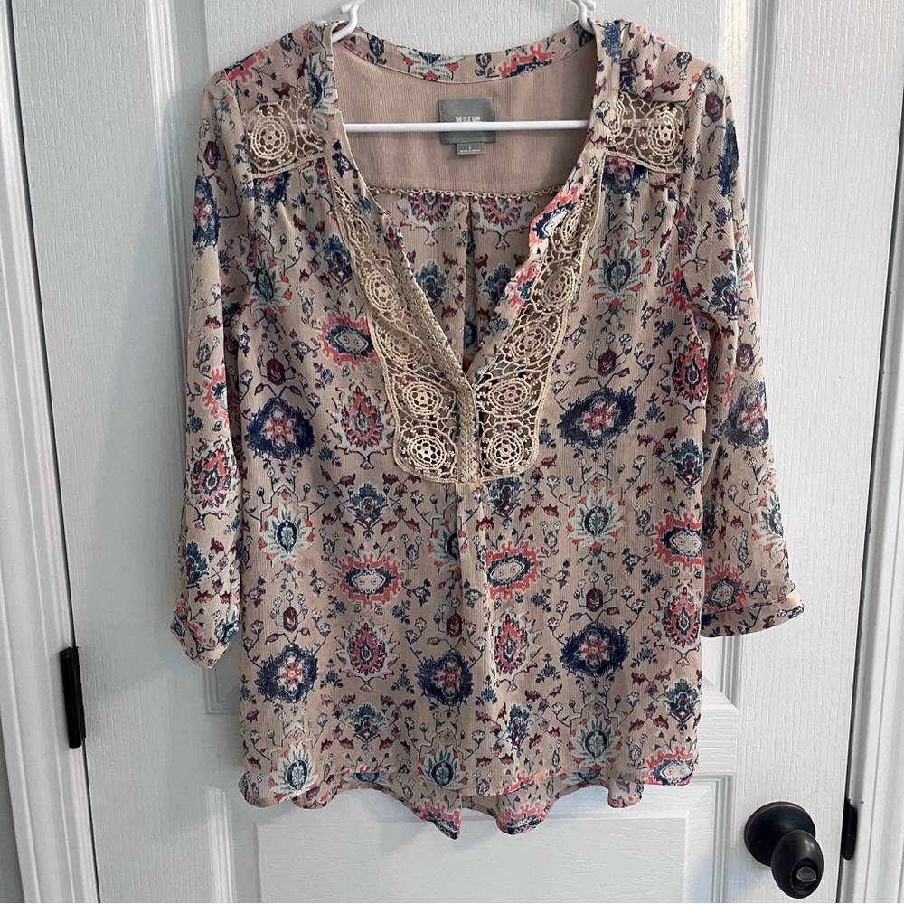 Anthropologie Maeve Tan Floral Paisley Boho Cottagecore Viola Blouse Top 4